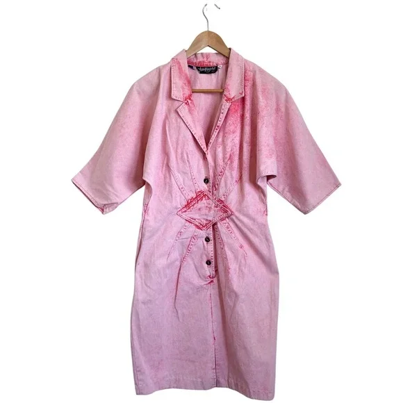 Champagne West Vintage 80s Acid Wash Denim Dress Size 11 Pink Retro Rockabilly - Picture 3 of 10